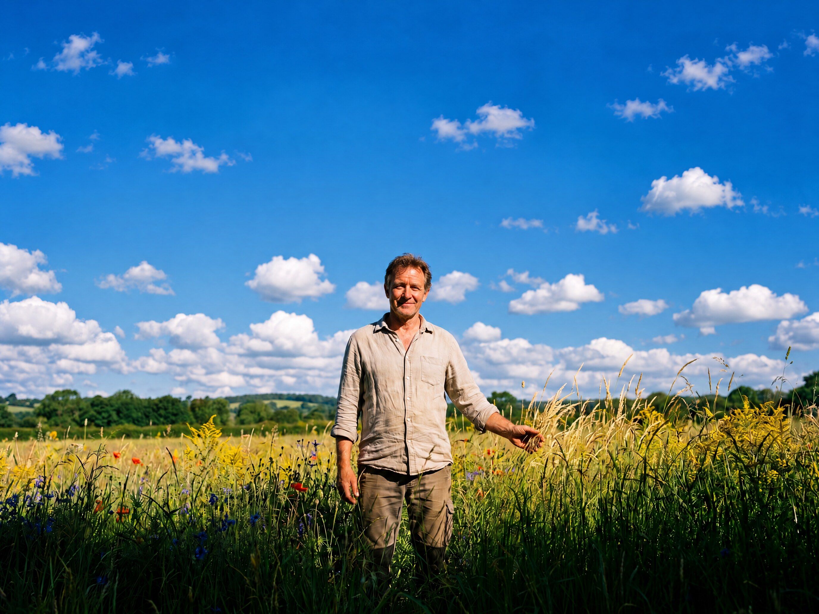 A man standing in a sunlit summer meadow under a wide blue sky, looking ahead calmly
