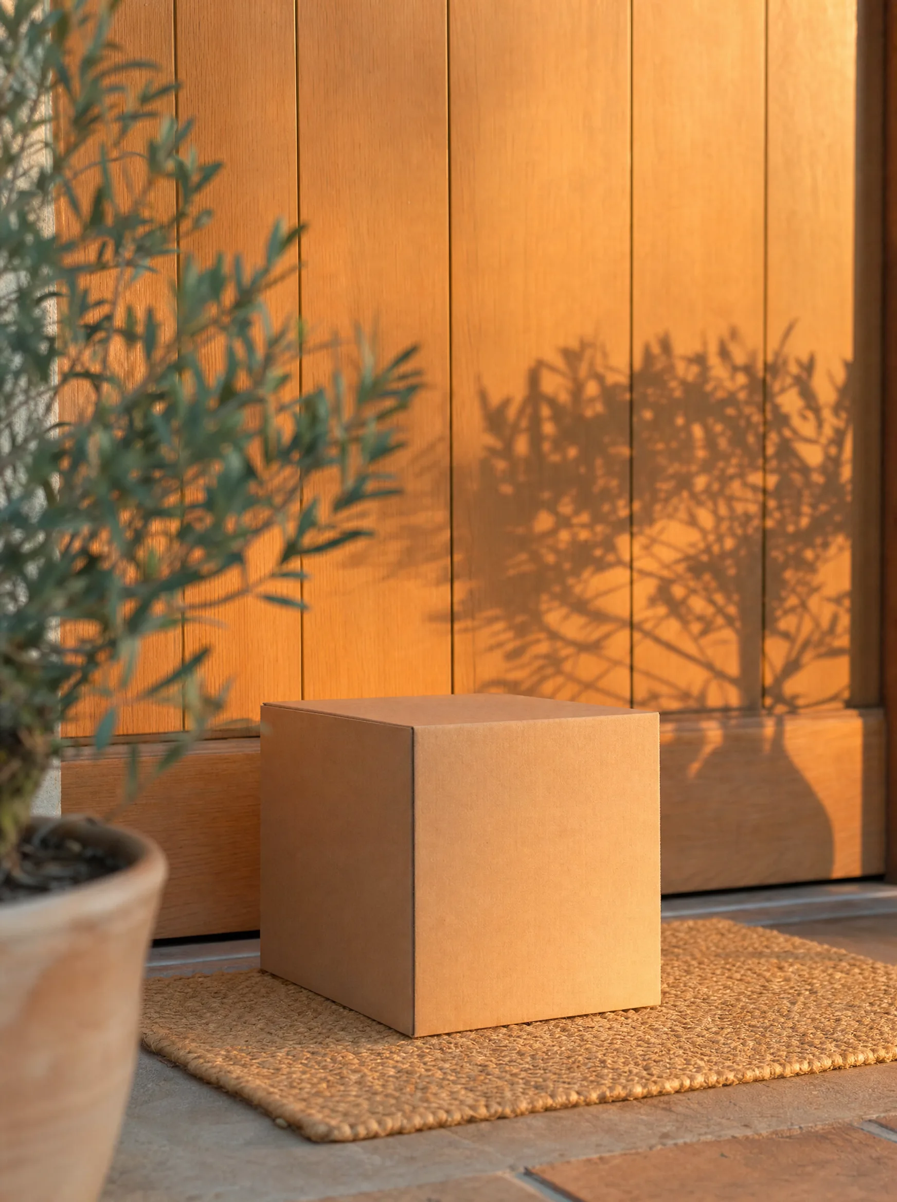 A plain parcel waiting on the doormat of a warm wooden front door