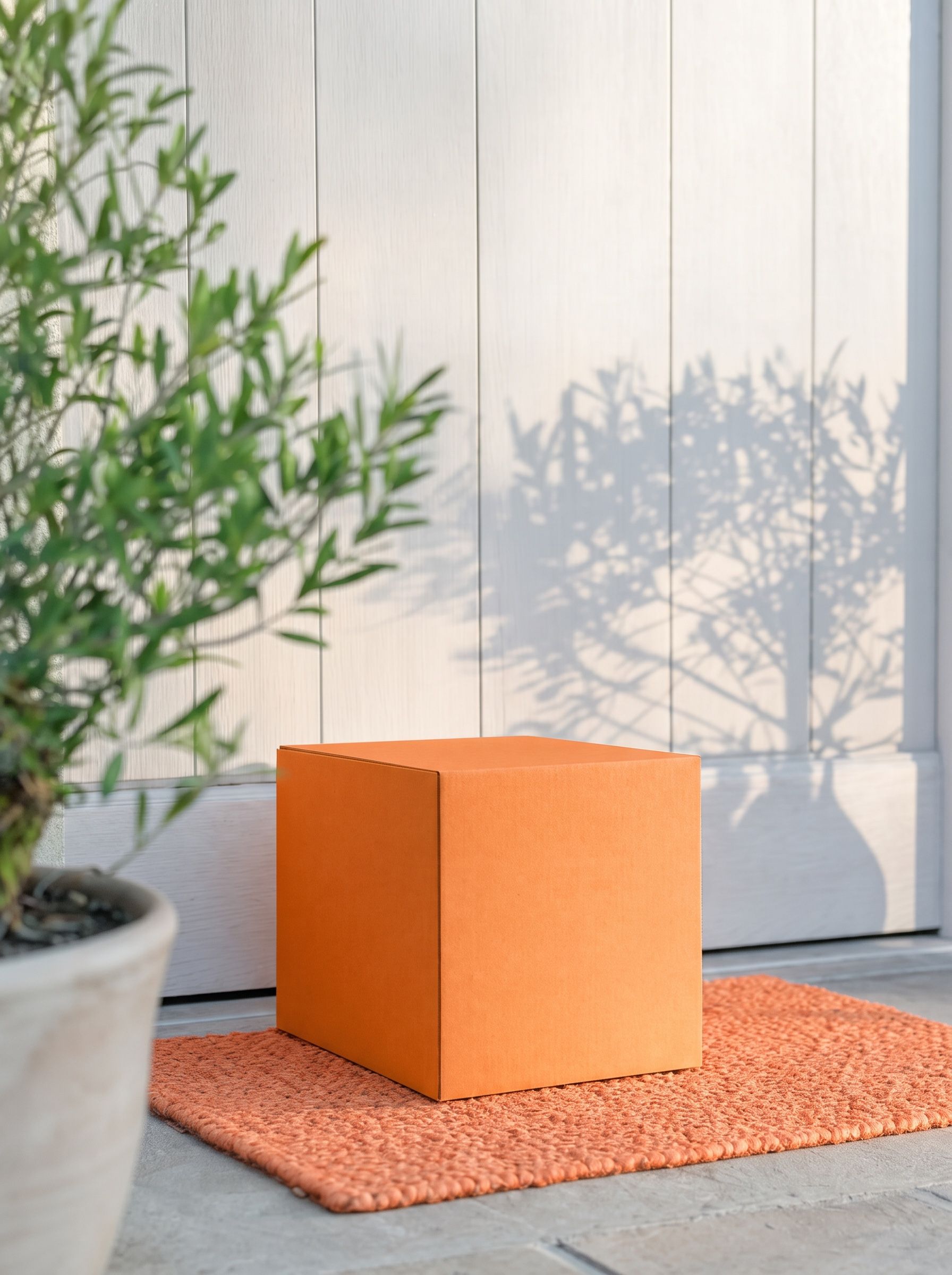 A plain parcel waiting on the doormat of a warm wooden front door