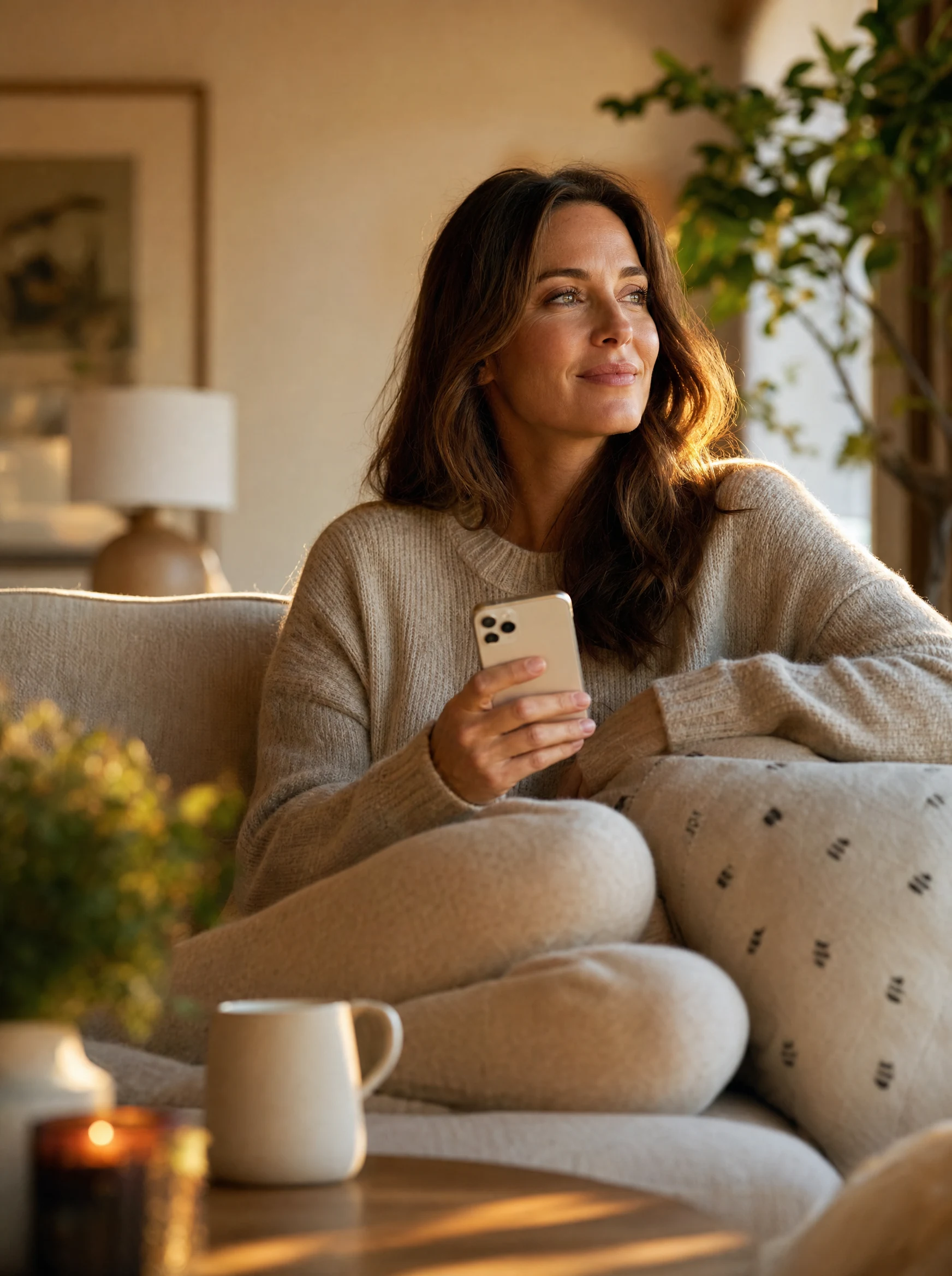 A woman relaxing on her sofa in warm light, phone in hand, after her online consultation