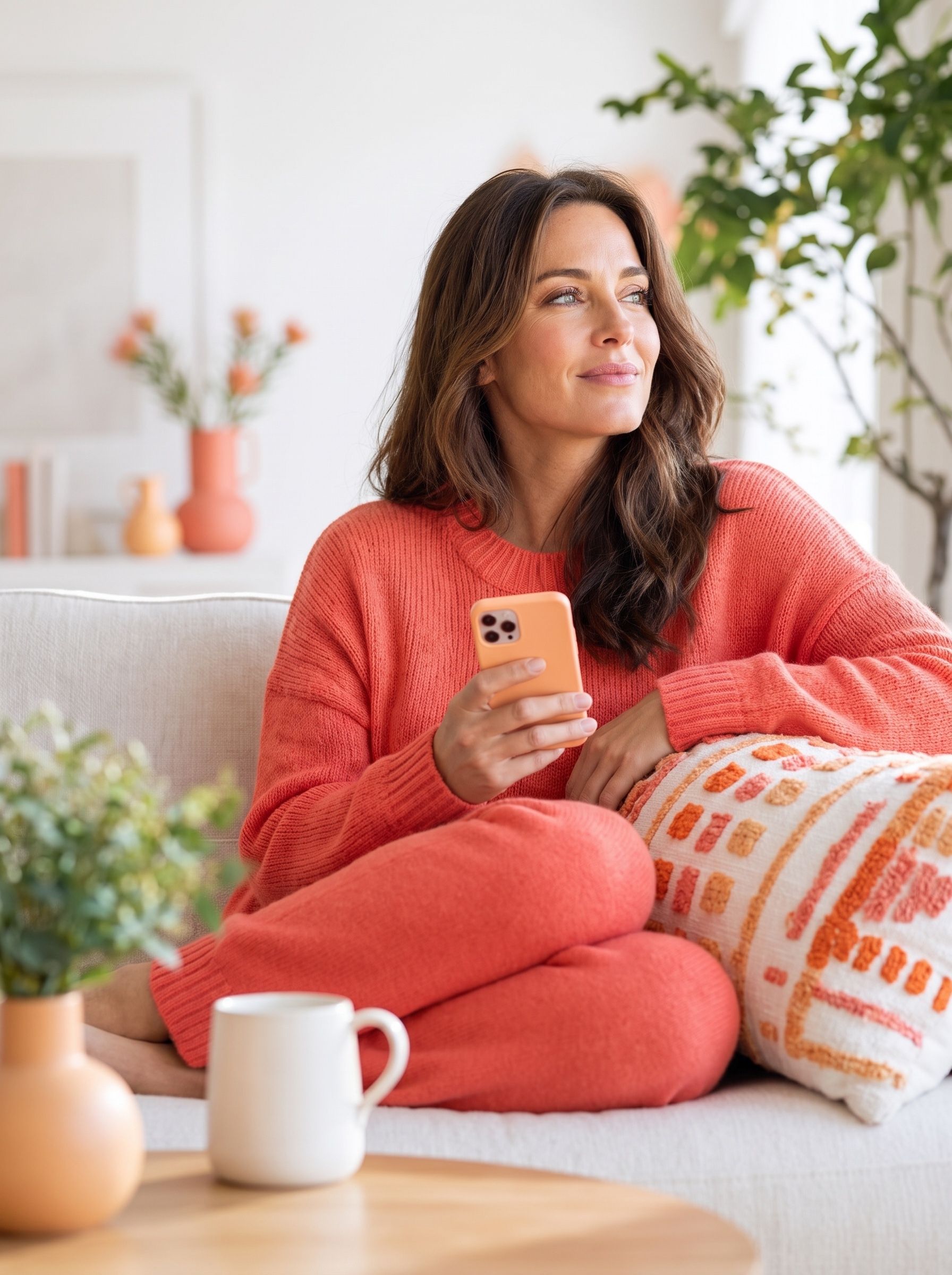A woman relaxing on her sofa in warm light, phone in hand, after her online consultation