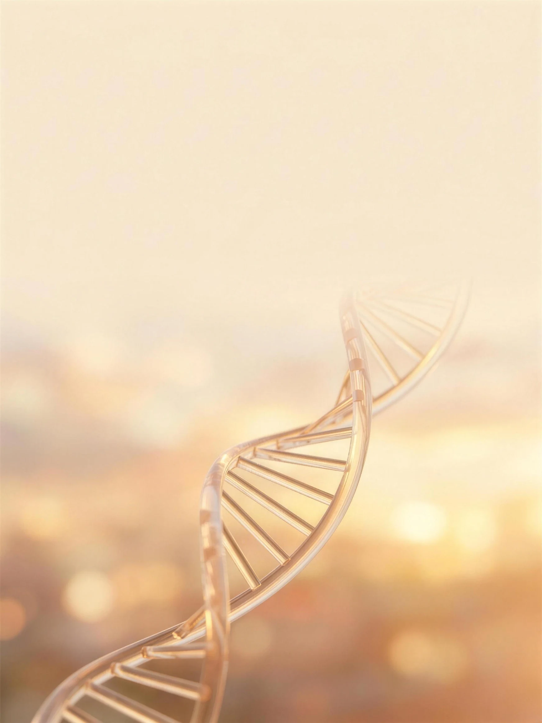 A luminous DNA double helix rising through a soft golden-hour sky