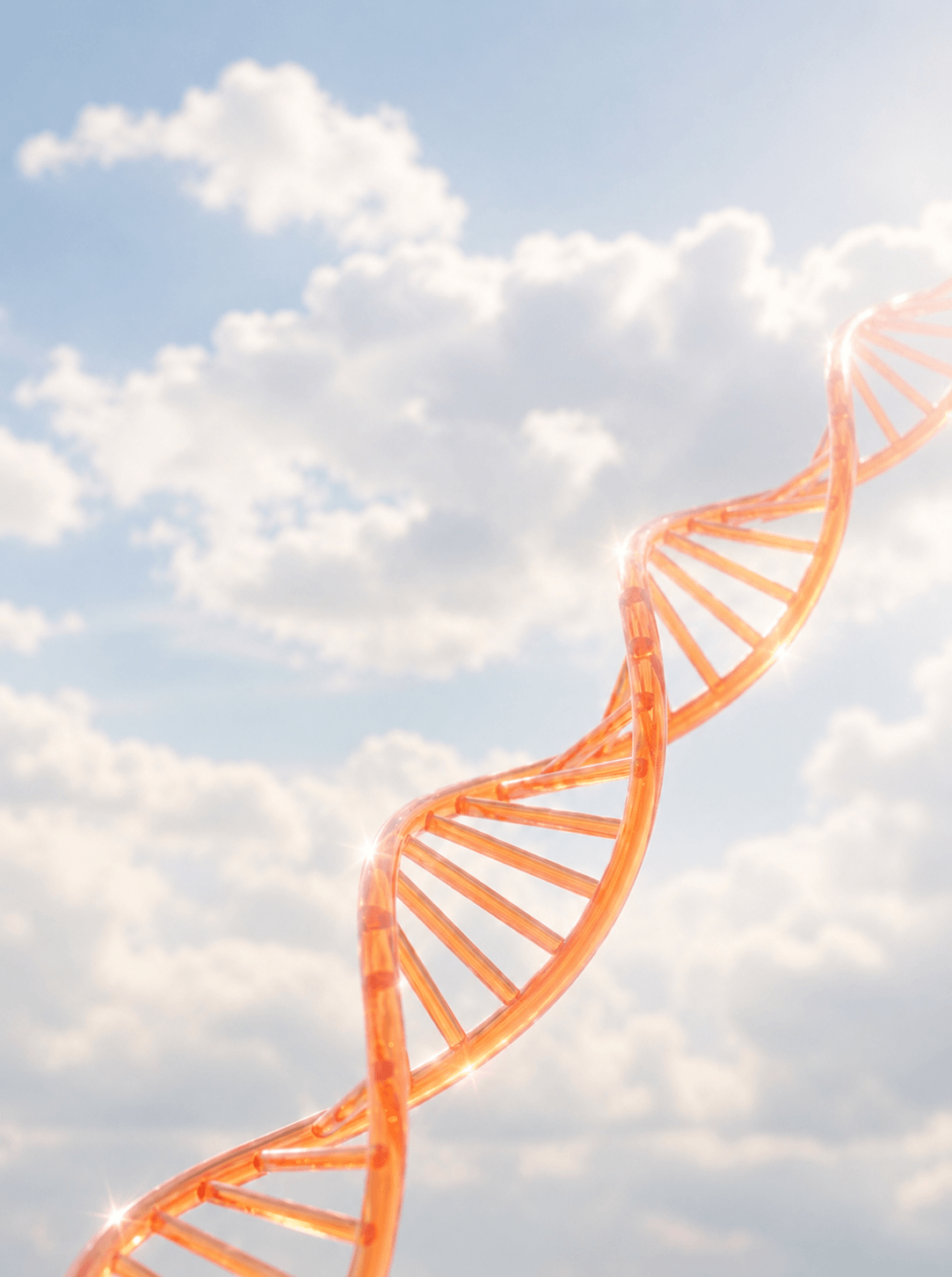 A luminous DNA double helix rising through a soft golden-hour sky