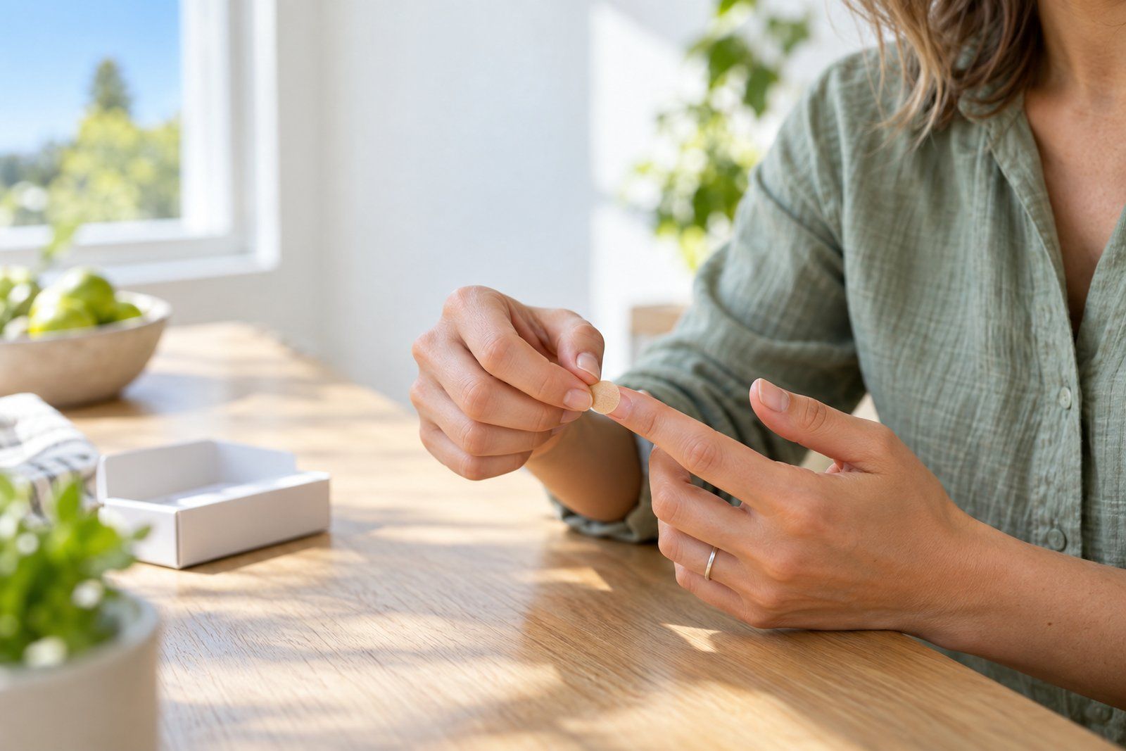 Close-up of a woman's hands at a sunlit kitchen table, pressing a small plaster onto her fingertip after a finger-prick sample