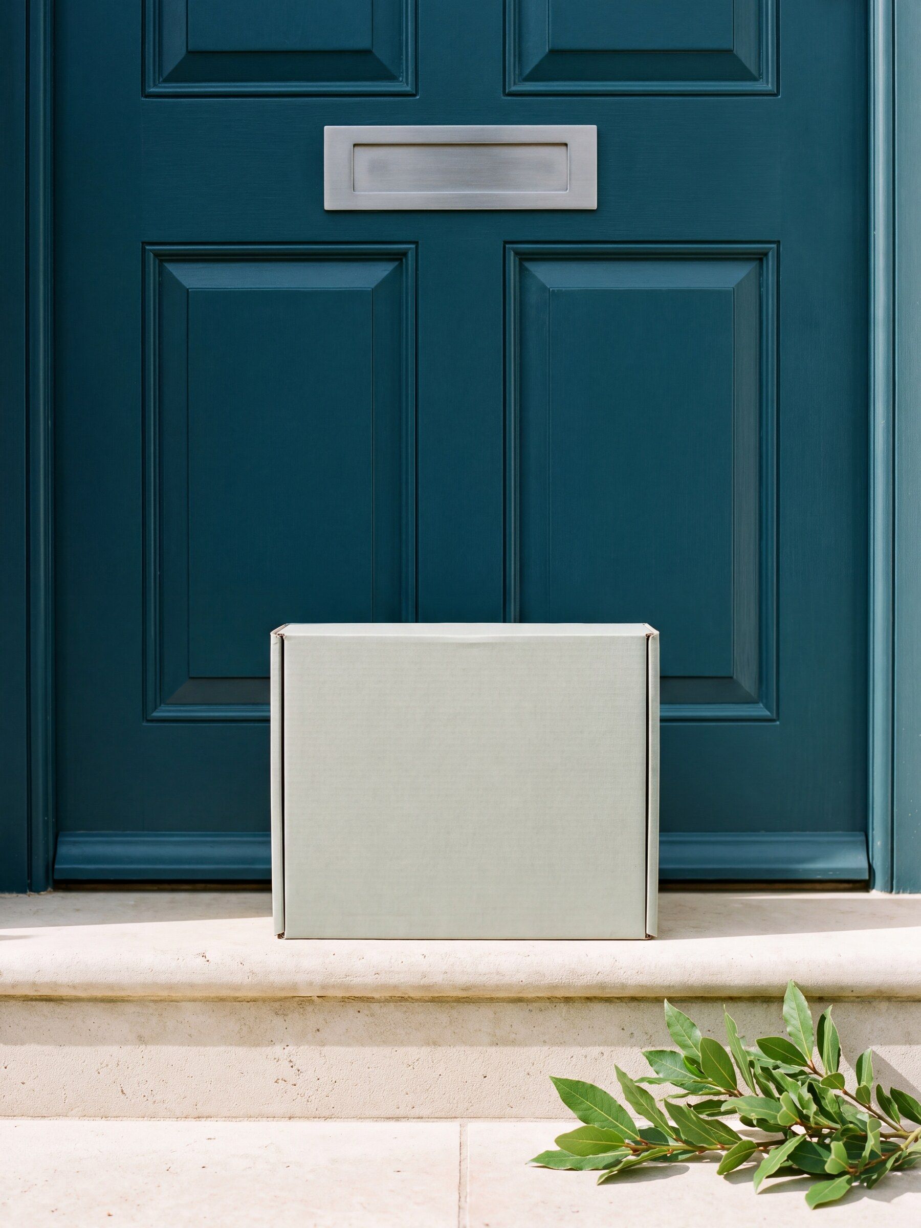 A plain, unbranded parcel waiting on a sunlit doorstep