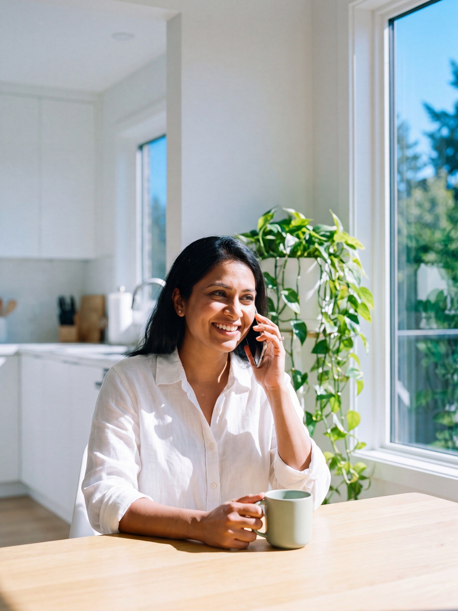 A woman talking to her clinician on the phone at a sunlit kitchen table