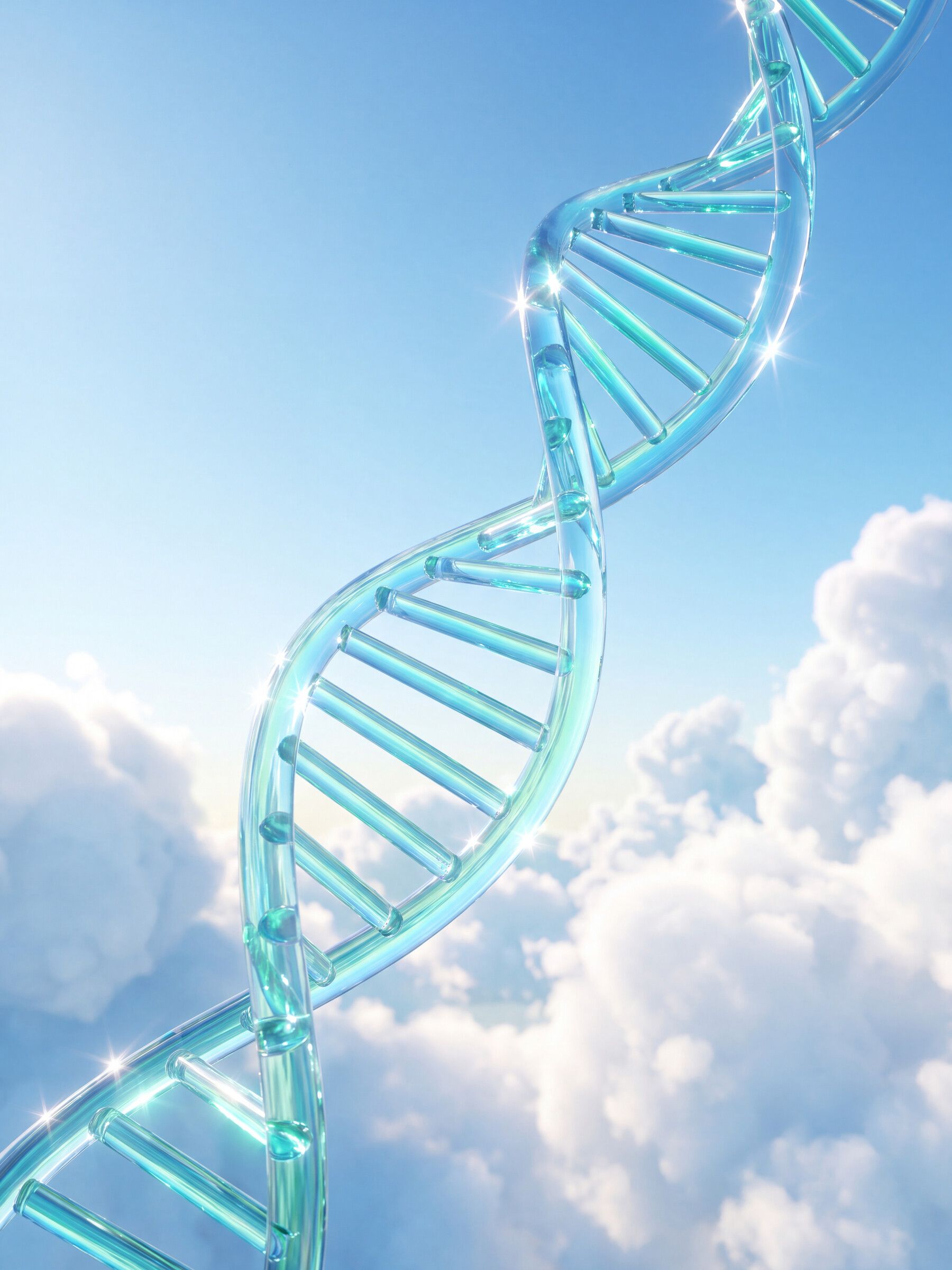 A glass DNA double helix catching the light against a bright blue sky