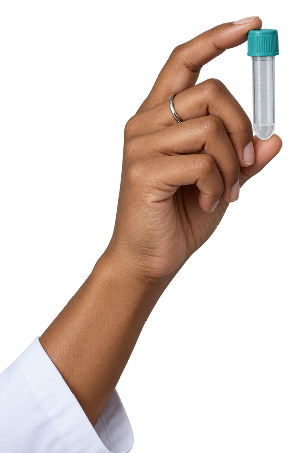 A hand holding a small capped blood-collection tube between thumb and forefinger
