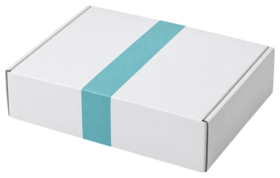 A plain white parcel sealed with a strip of teal tape