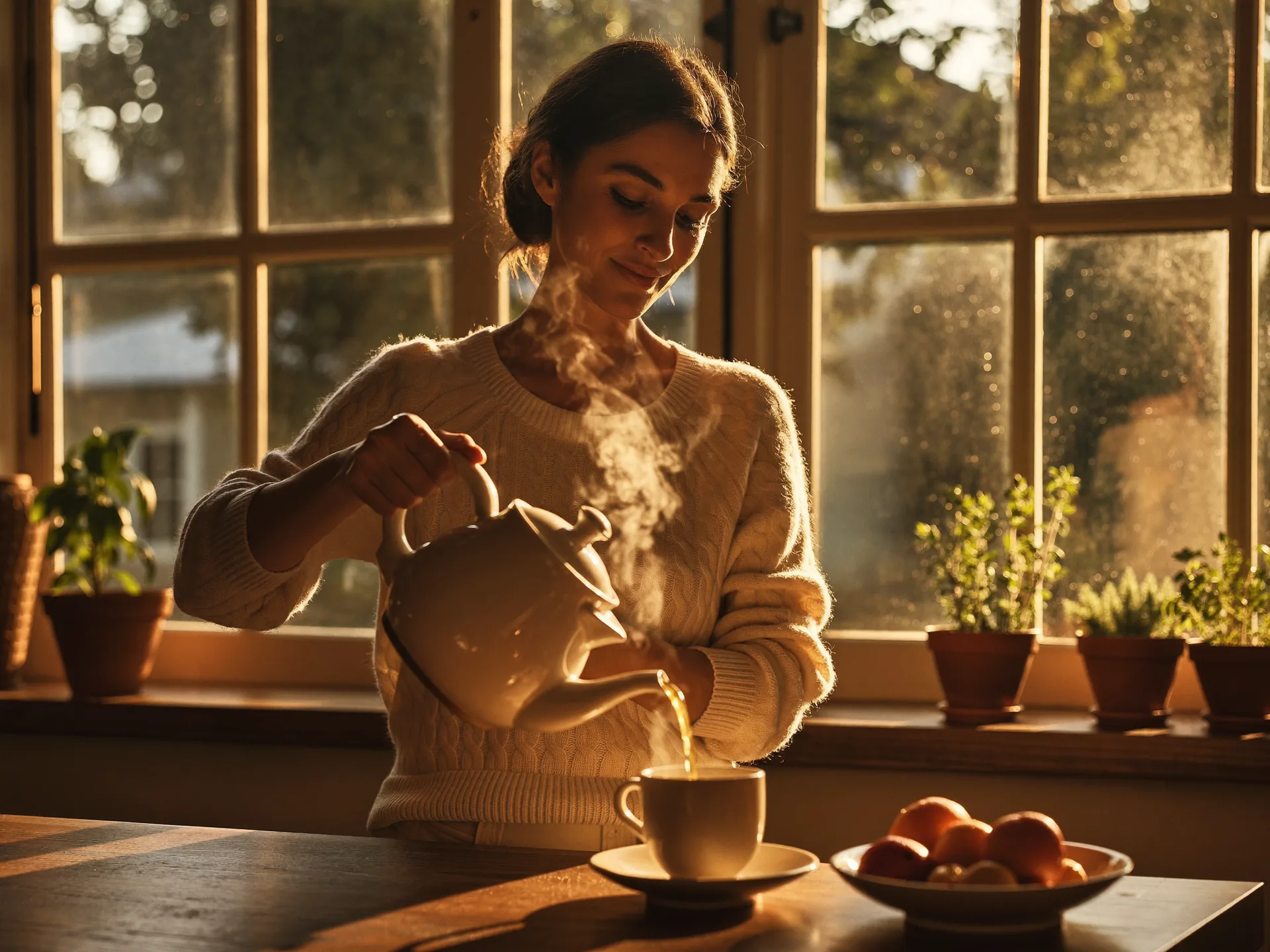 A woman pouring tea in a sunlit kitchen